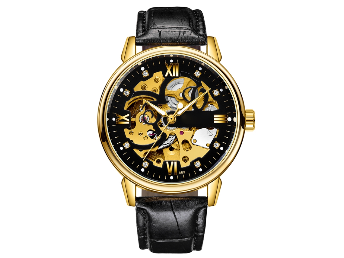 Relógio masculino Tevise automático esqueleto com pulseira de couro, luminoso e resistente à água (3 ATM).