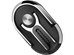 Suporte para celular Veicular antiderrapante em liga metálica Preta, formato oval.