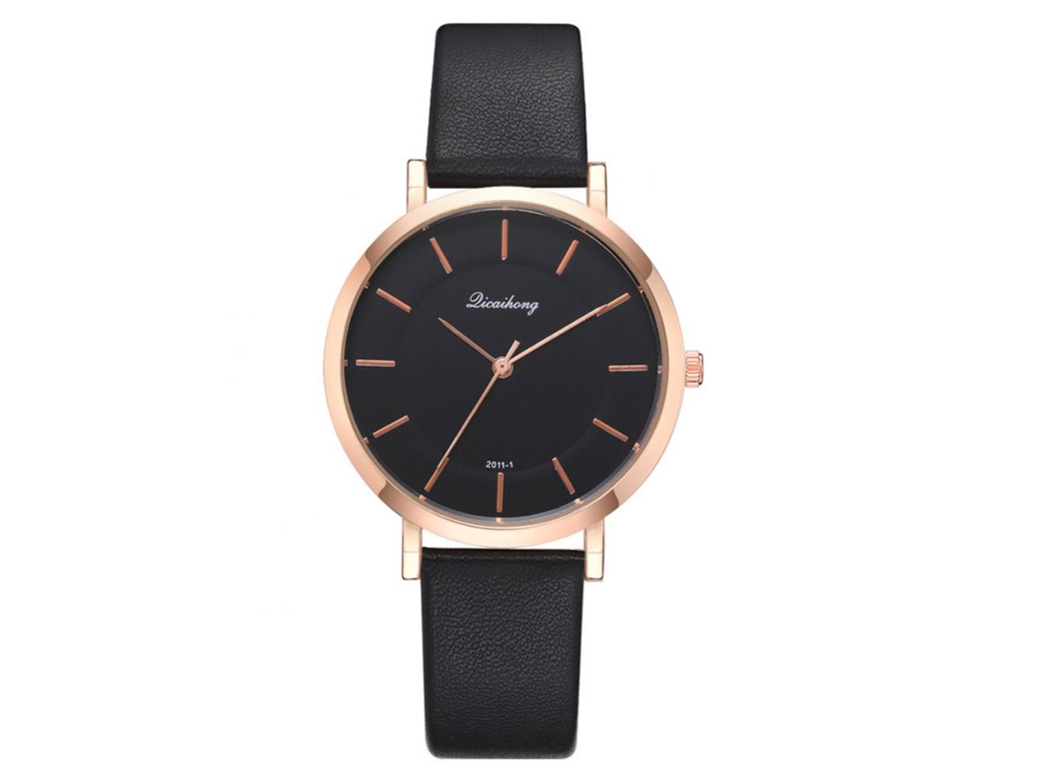Relógio de pulso analógico de quartzo elegante para homens e mulheres com pulseira de PU preta.