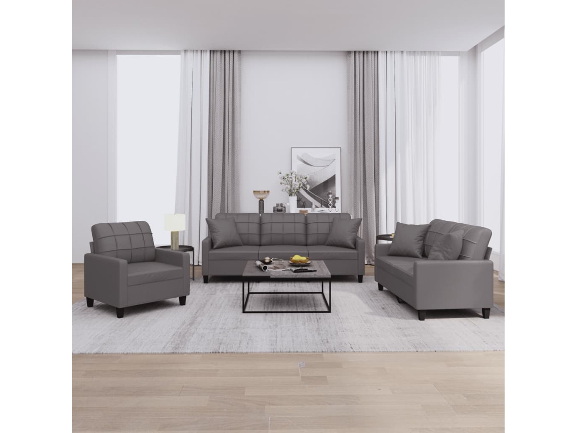 Vidaxl 3 Pcs Conjunto De Sofás Com Almofadas Couro Artificial Cinzento