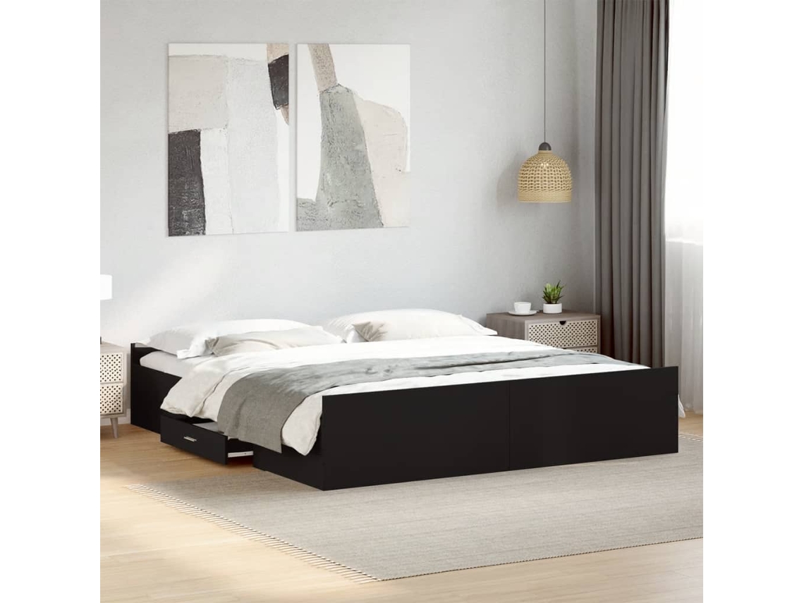 Estrutura De Cama C/ Gavetas 200x200 Cm Derivados Madeira Preto