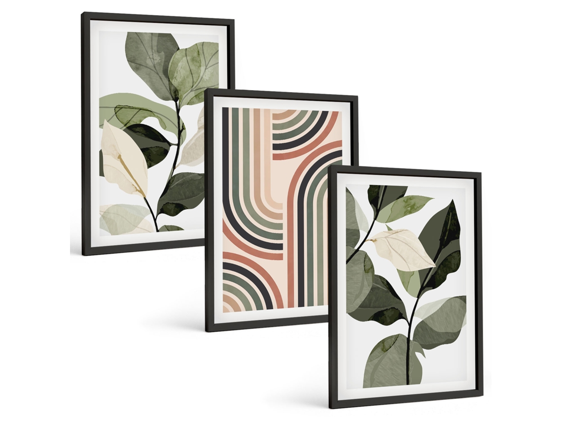 Pinturas Murais Modernas Motivos Geométricos De Plantas Moldura Preta Pinturas De Quarto Espelharte (3 Piezas De 40x60 Cm)
