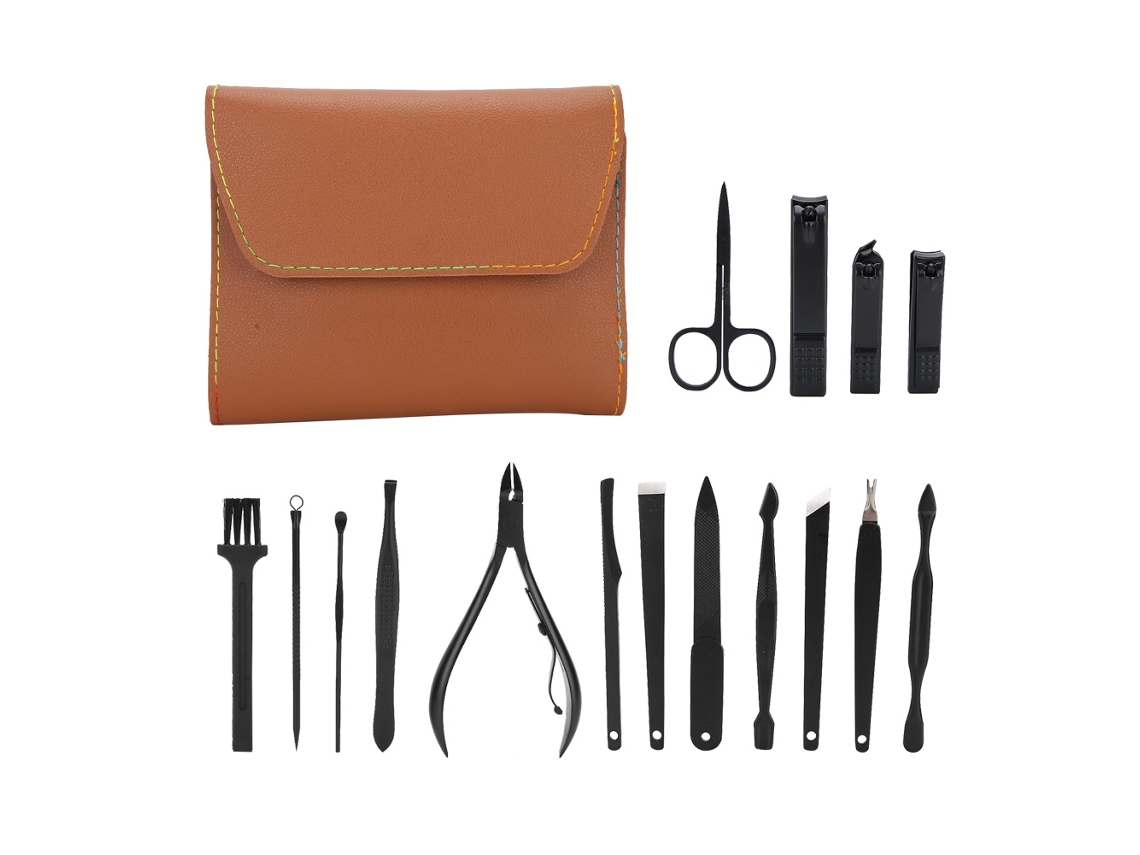 2026altiro-16pcs Kit De Manicura Acero Inoxidable: Cortauñas, Lija De Uñas, Curetillas, Tijeras De Cejas Y Herramientas De Belleza Marrón