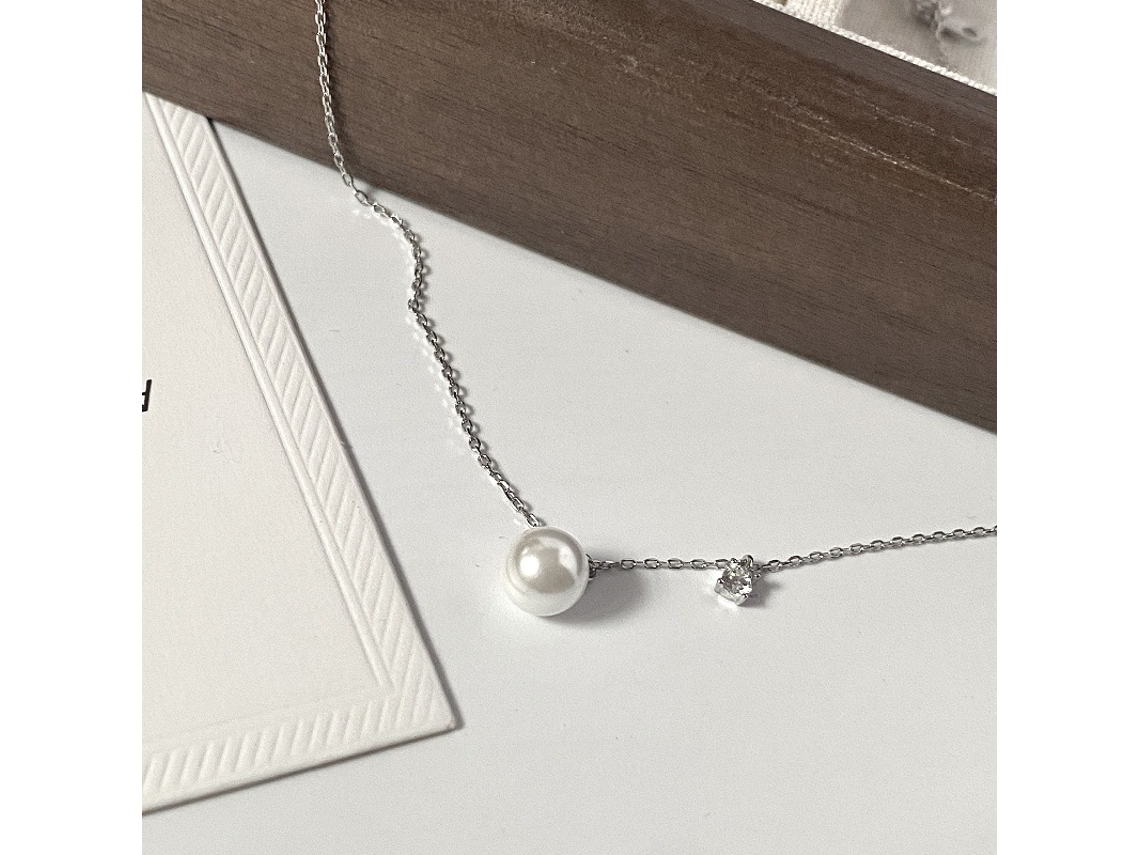 Colar de Pérolas em Prata de Lei 925 , Pingente Simples de Pérola em Estilo Francês, Pérola Pequena, Luxo Discreto MDUG (ouro Branco)