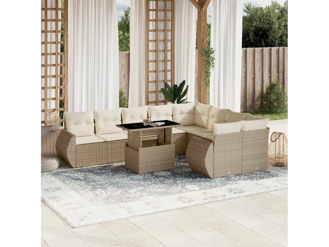 Vidaxl 10 Pcs Conjunto De Sofás P/ Jardim Com Almofadões Vime Pe Bege