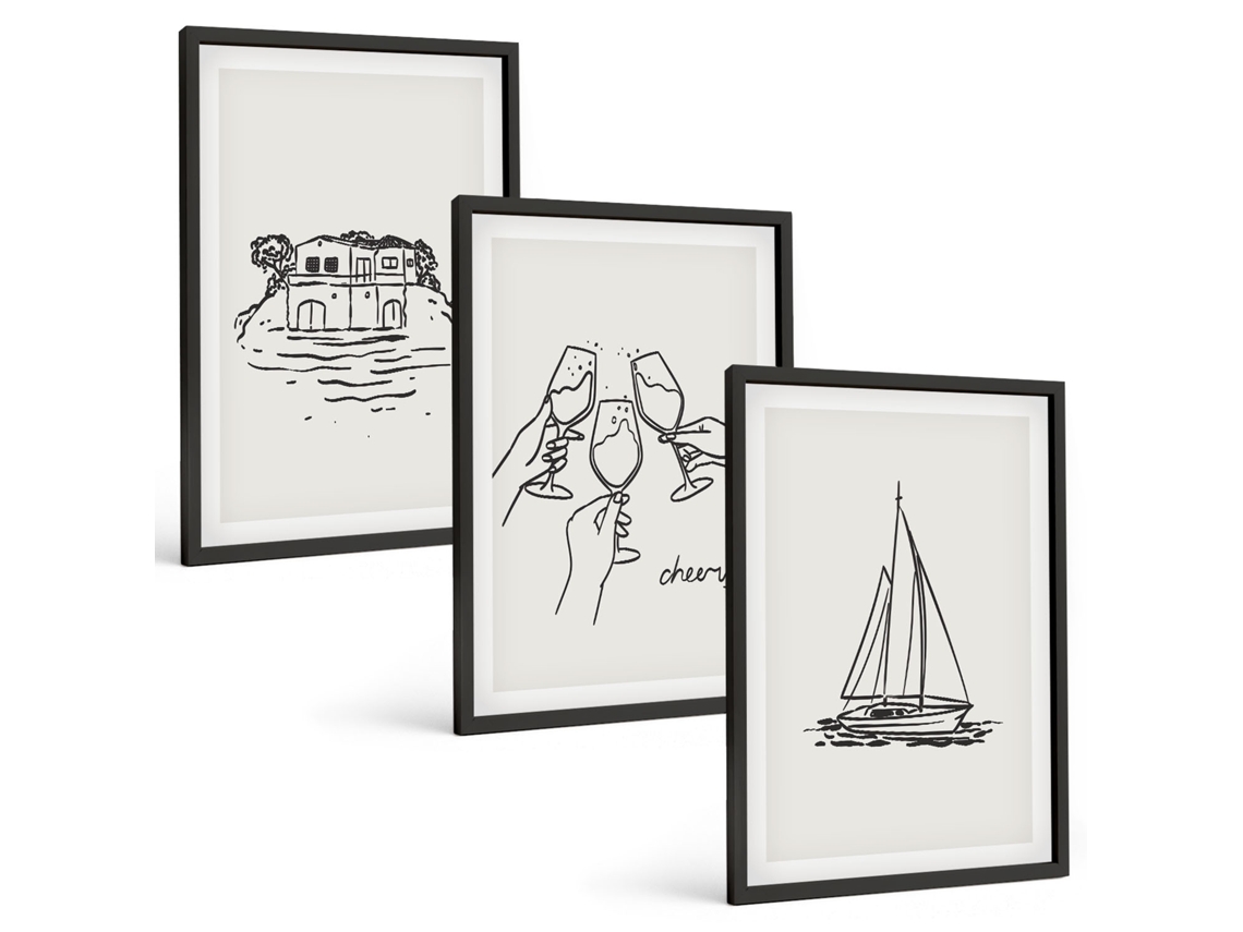 Composição De Quadros Na Parede Casa À Beira-mar, Veleiro E Brinde Moldura Preta Fotos Para O Escritório Espelharte (3 Piezas De 40x60 Cm)
