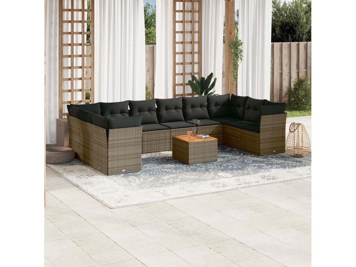 11 Pcs Conjunto Sofás De Jardim C/ Almofadões Vime Pe Cinza Dkd Home Decor