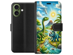 Capa Carteira Compatível Com Apple Iphone 17 Com Estampa De Dinossauros De Desenho Animado À Beira De Um Rio Com Vulcão E Natureza Tropical.