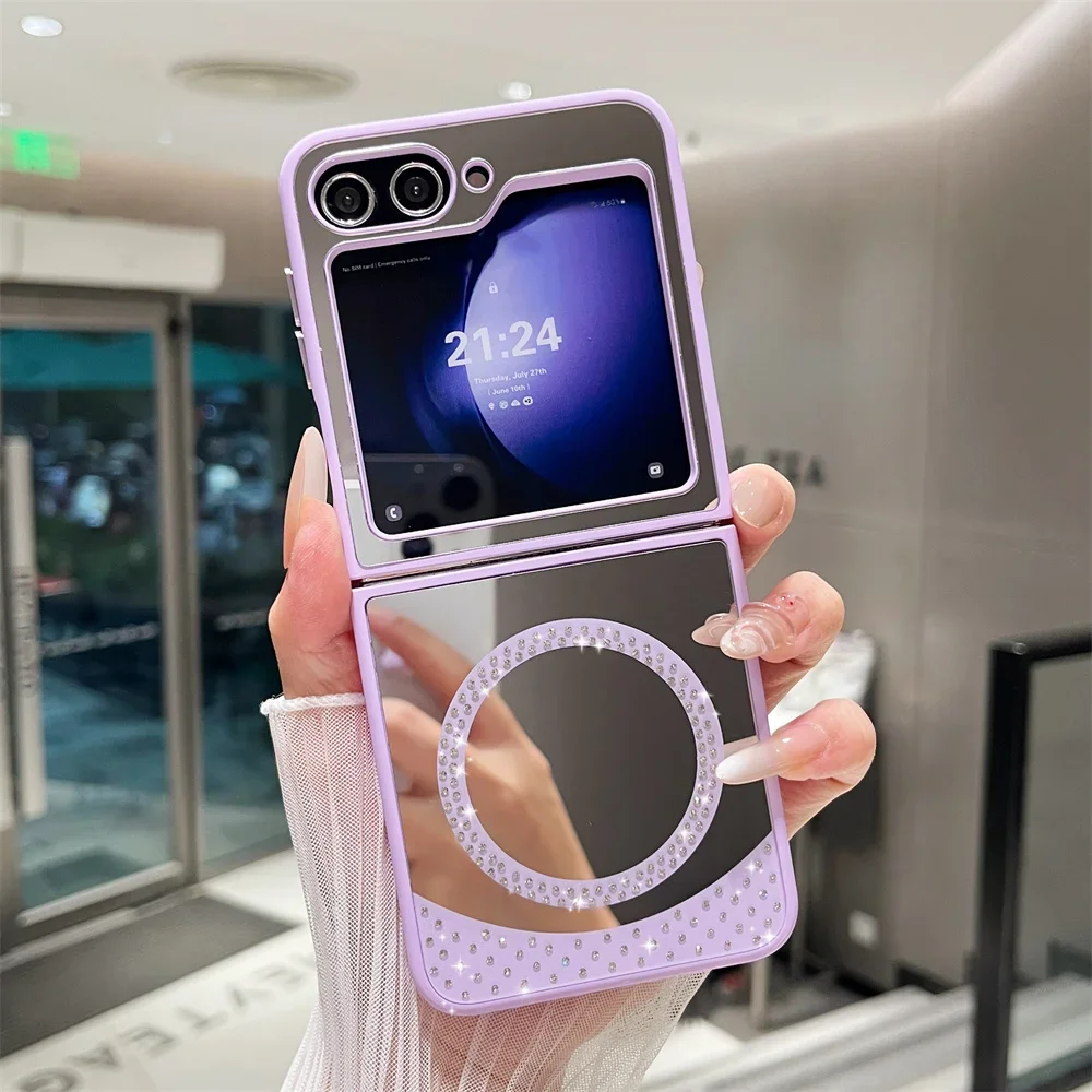 Capa Magnética Magsafe Com Diamantes Brilhantes E Espelho De Maquiagem (galaxy Zflip 4 Roxo).