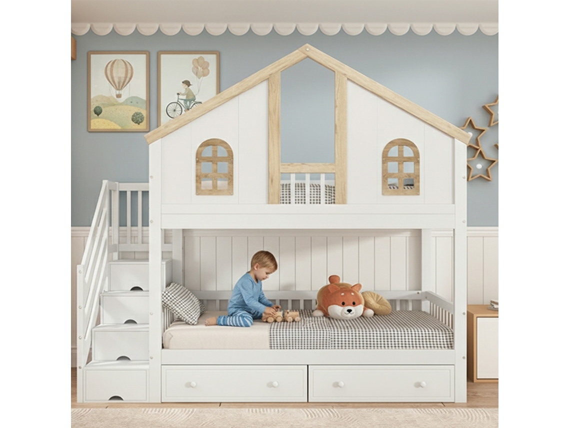 Beliche Infantil Pinho 90x200 Grade Janela 2 Gavetas Escada 4 Compartimentos Branco Natural
