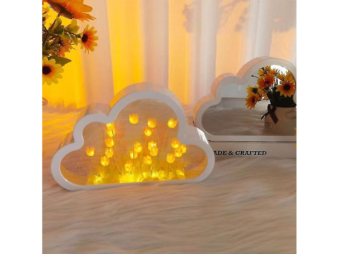 Luminária Noturna Tulipa DIY Rebe com Espelho em Formato de Nuvem, Luz LED Simulada para Decoração Romântica de Quarto na Cor Roxa