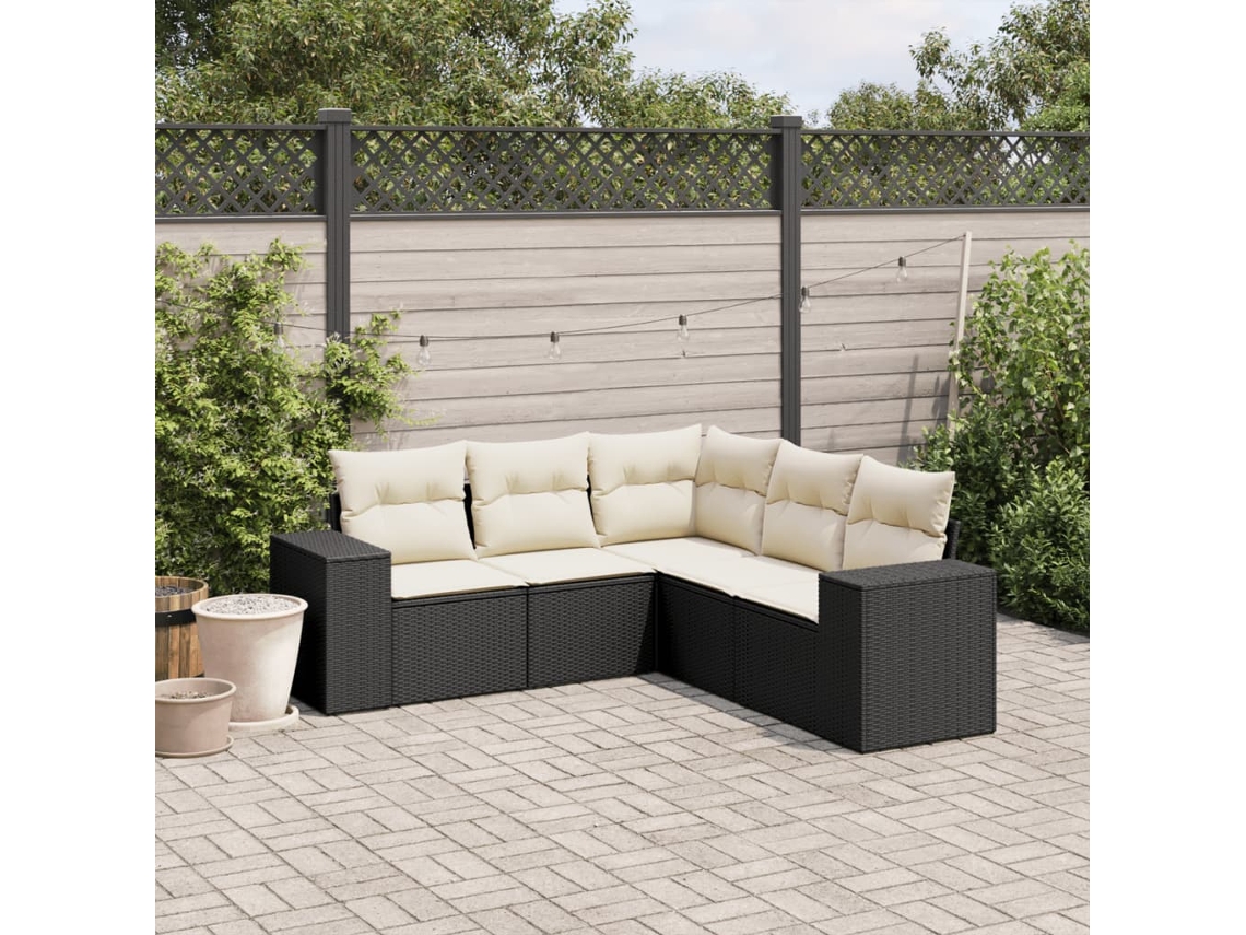 Conjunto de sofá de jardim de 5 peças com almofadas Vime Pe Black Lovely Home