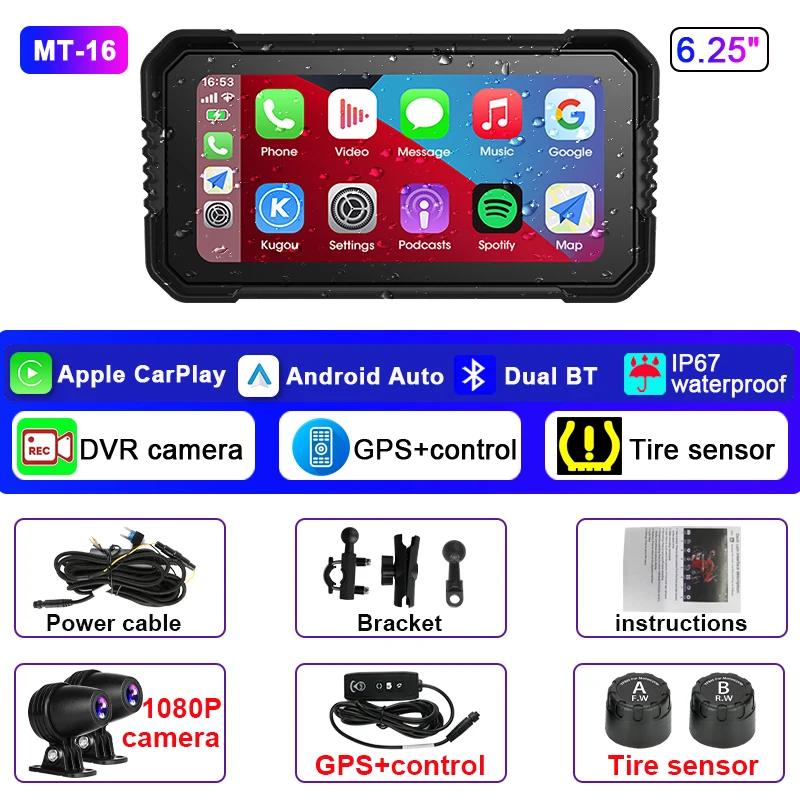 (dvr+gps+tpms) Câmera Veicular Para Motocicleta De 6,25 Polegadas, À Prova D'água Ip67, Carplay Sem Fio
