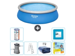 Piscina Inflável Redonda BESTWAY Fast Set 457 X 122 Cm Azul Inclui Bomba Escada Vela Solar Pacote de Manutenção Filtro Ladrilhos