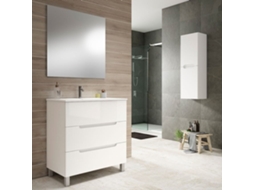 Móveis de casa de banho com lavatório, espelho e aplique LED VICTORIA 100x45 cm acabamento branco fosco 3 gavetas com pés