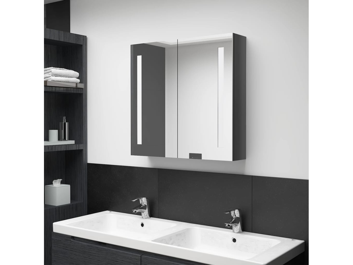 Vidaxl Armário Espelhado Casa De Banho Led 62x14x60cm Cinza Brilhante