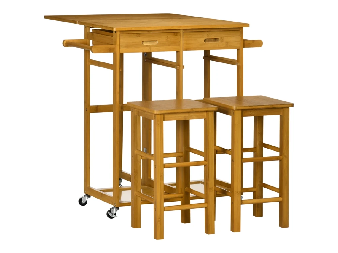 Conjunto De Mesa Alta De Bar E 2 Banco Bambu Cor Madeira 82,5x75,5x83,5 Cm Homcom