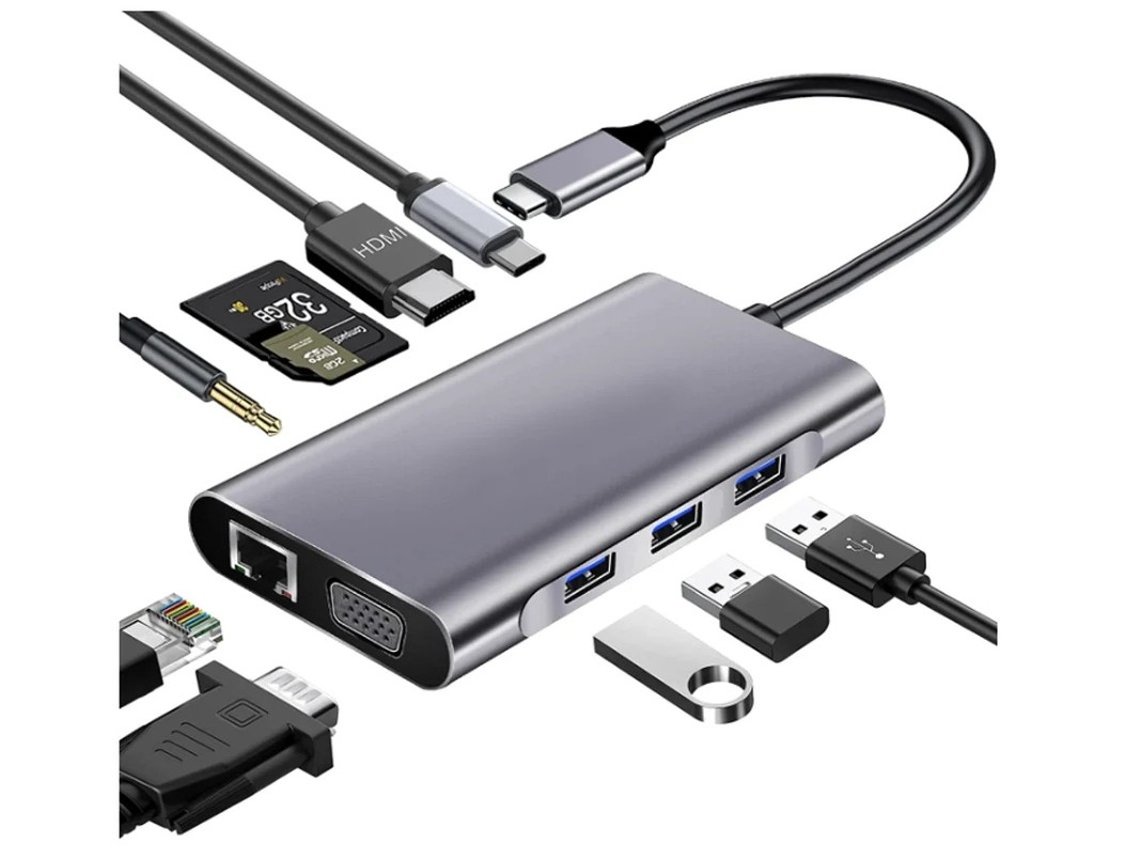 Usb C Hub Dual Monitor Usb C Docking Station 10 Em 1 Porta Usb C Para Hdmi 4k 1080p Vga Pd Carregador Gigabit Ethernet Cinza Yizhood