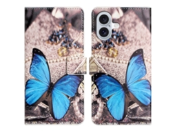 Capa Em Couro Pu Para Apple Iphone 16 Plus - Borboleta Azul