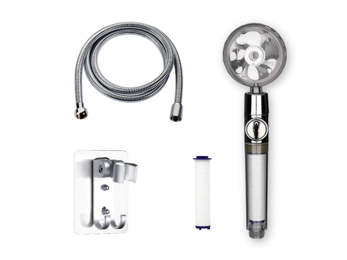 Alta Pressão Chuveiro De Mão Com 1.5m Hose Água Filtro, 360° Rotation Turbo Jato Para Low Água Pressure, Aço Inoxidável Abs, Prateado
