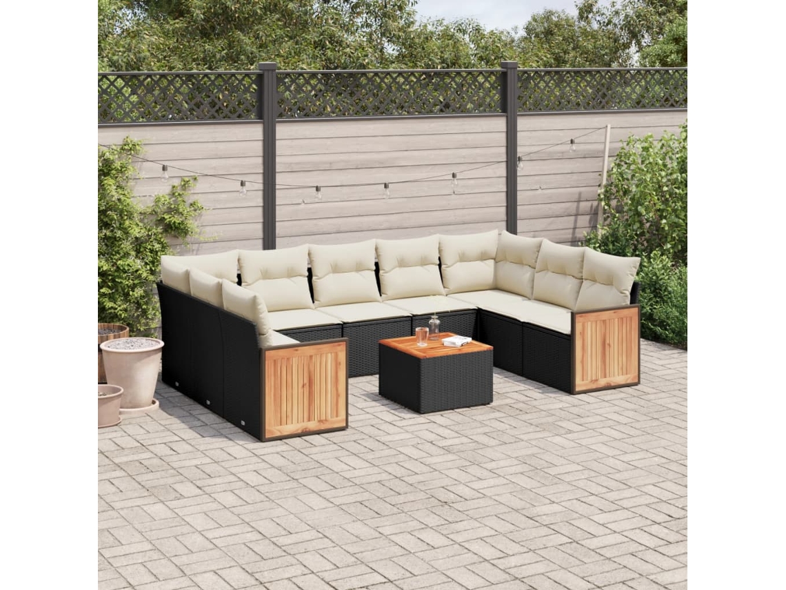 10 Pcs Conjunto Sofás De Jardim C/ Almofadões Vime Pe Preto Dkd Home Decor