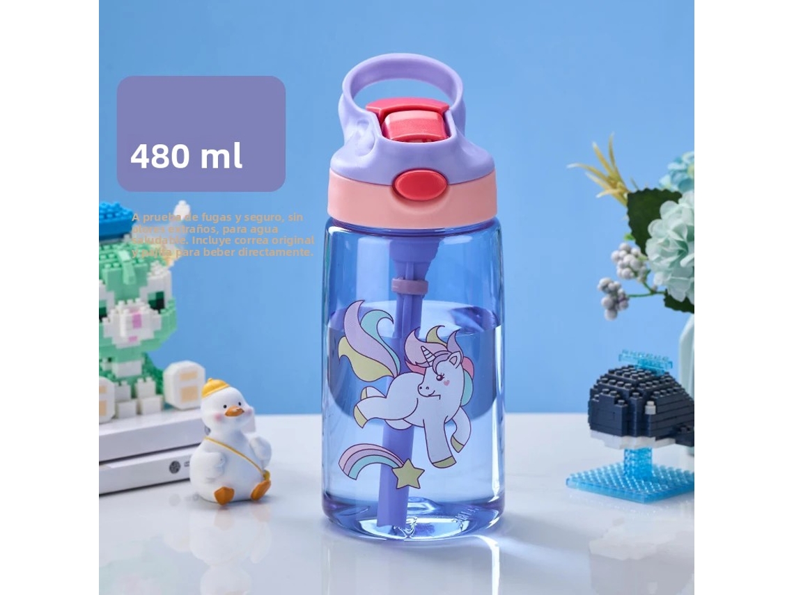 Copo Infantil com Canudo Anti queda, Garrafa de Água Portátil, Material Plástico Pc MDUG (unicórnio Azul)