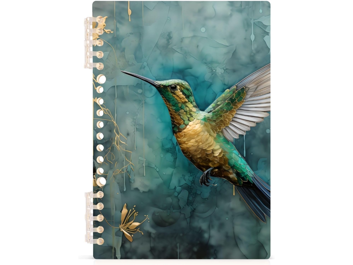 Caderno Espiral Mnsruu Colibri Com Folhas Douradas Para Mulheres, Capa Dura Pautada, Tamanho A5,