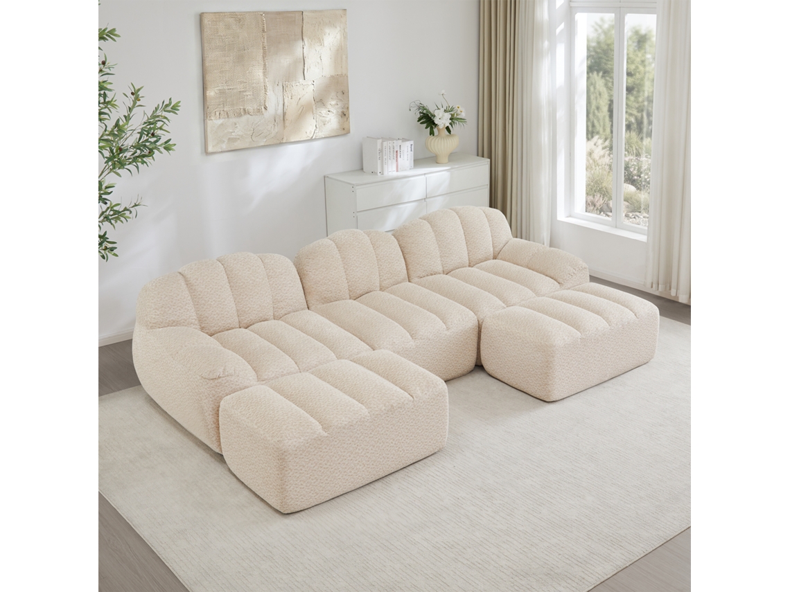 Sofá Modular Em U De 3 Lugares Com 2 Pufes, Sem Ossos, Espuma 32d De Alta Densidade, Assento Profundo, Ideal Para Sala, Tecido Macio, Bege E Branco.