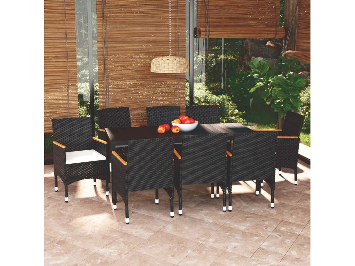 Vidaxl 9 Pcs Conjunto De Jantar P/ Jardim C/ Almofadões Vime Pe Preto