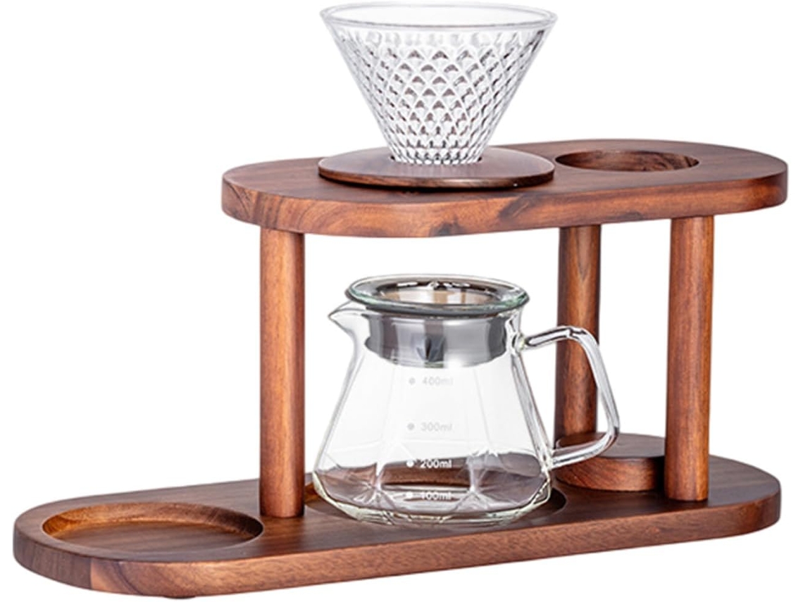 Conjunto De Cafeteira Portátil Simples Em Madeira Natural E Vidro Para Cozinhas Pequenas.