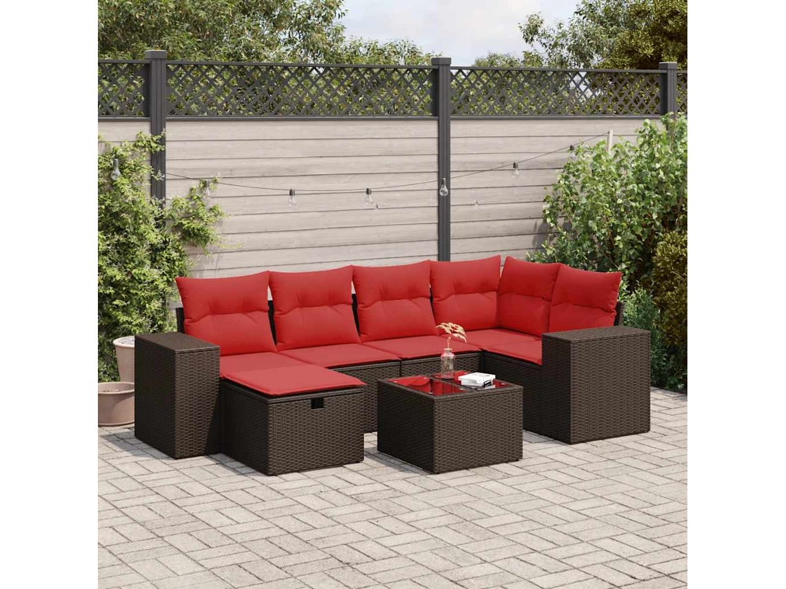 Vidaxl 7 Pcs Conjunto De Sofás Jardim C/ Almofadões Vime Pe Castanho
