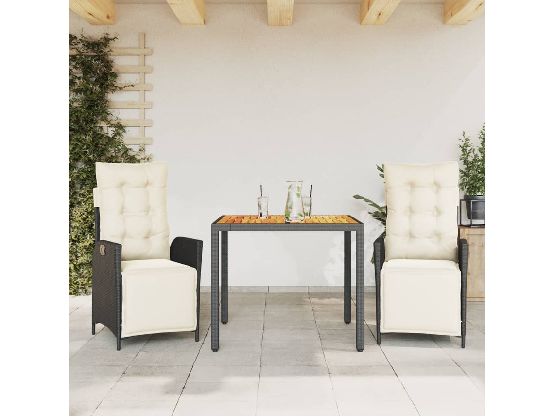 Vidaxl 3 Pcs Conjunto De Jantar P/ Jardim C/ Almofadões Vime Pe Preto
