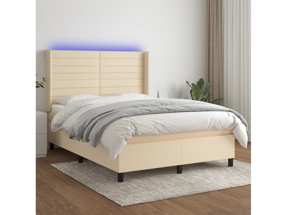 Cama Box Spring C/ Colchão E Led 140x200 Cm Tecido Cor Creme