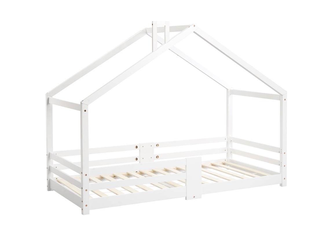 Cama Infantil Casinha com Chaminé, proteção contra quedas, estrutura em madeira de pinho 90x200 cm PAPRIKA