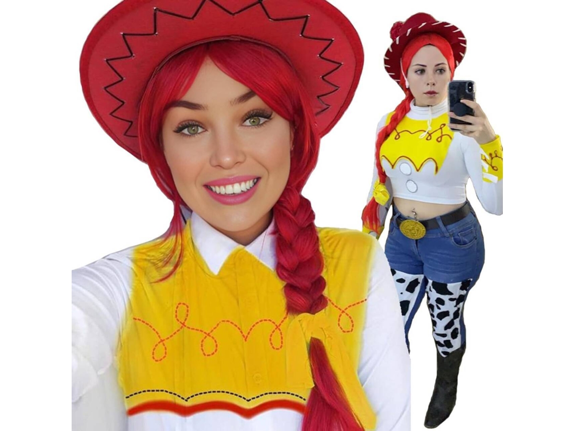 Peruca Jessie Toy Story, vermelha com cor exclusiva, ideal para festas, Halloween, cosplay e eventos temáticos de filmes.