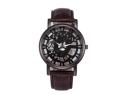 Relógio de pulso em liga metálica com pulseira em couro PU, numerais romanos vazados, estilo fashion (marrom e preto)