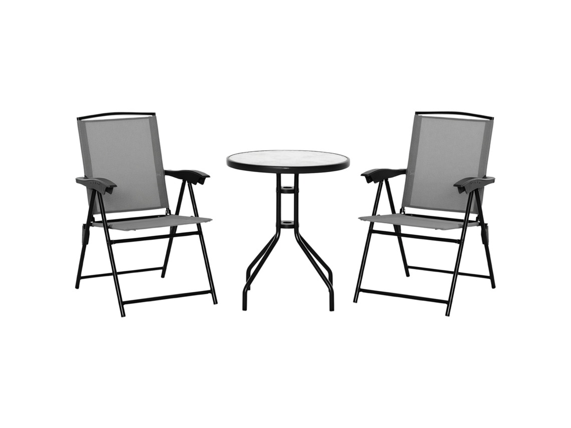 Conjunto de Jardim de 3 Peças, 2 Cadeiras Reclináveis Dobráveis Multi posição, Mesa Redonda, Vidro Temperado, Metal Cinza, Têxtil Ge