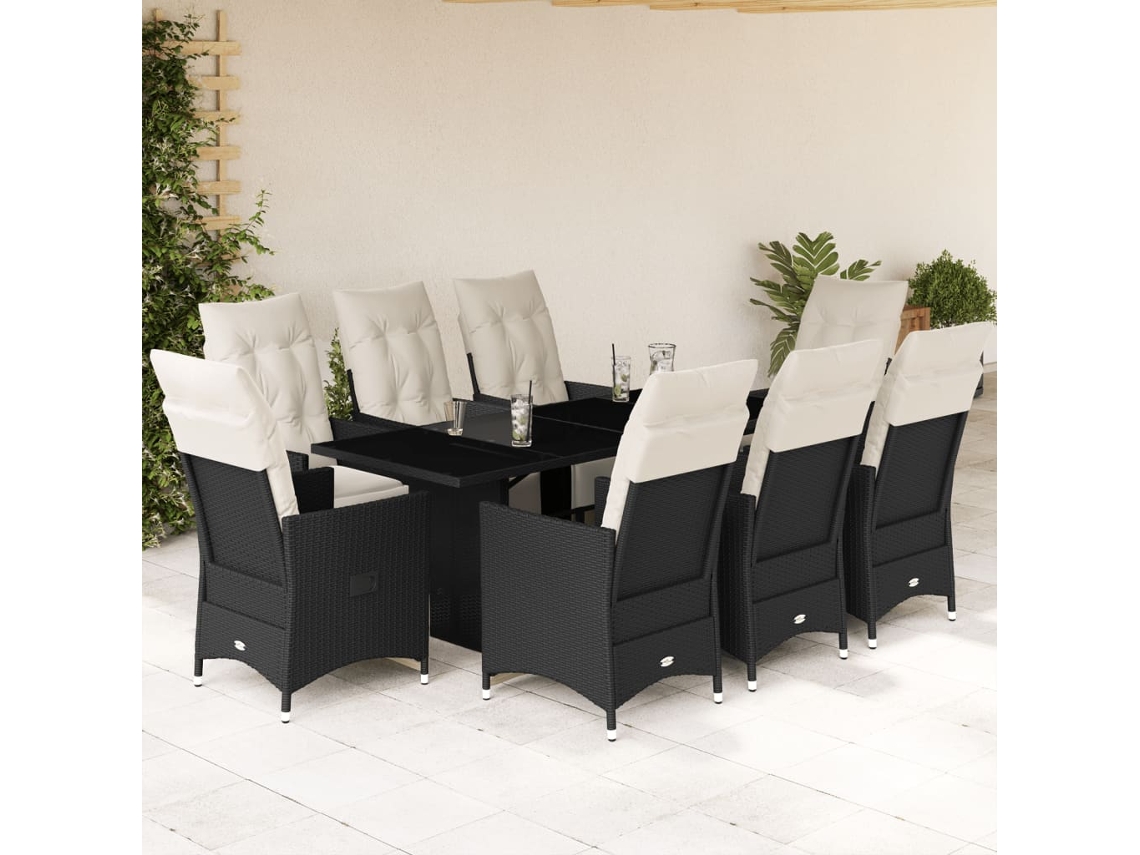 Conjunto 9 Peças Jantar P/ Jardim C/ Almofadões Vime Pe Preto Dkd Home Decor