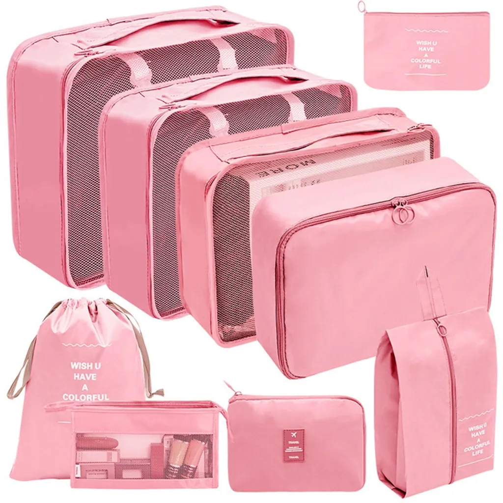 Conjunto De 9 Peças De Organizadores De Viagem, Bolsas Dobráveis Para Roupas, Bolsa Organizadora Impermeável, Bolsa Para Sapatos, Rosa No 2