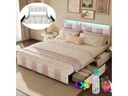 Cama Estofada 140x200 Cm, Cama De Casal, Usb Tipo C, Cama Com Arrumação E 4 Gavetas, App Control Led, Tecido De Veludo Branco Rosa