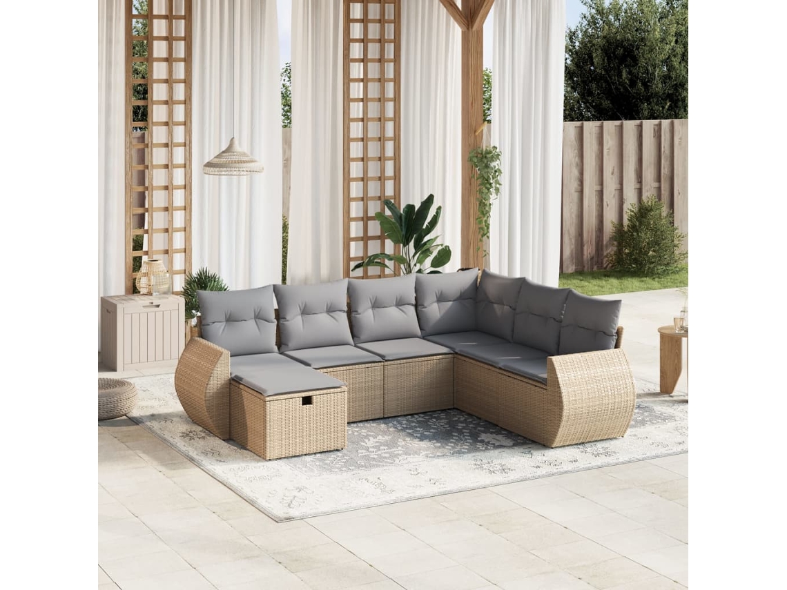 Vidaxl 7 Pcs Conj. Sofás Jardim C/ Almofadões Vime Pe Bege Misturado