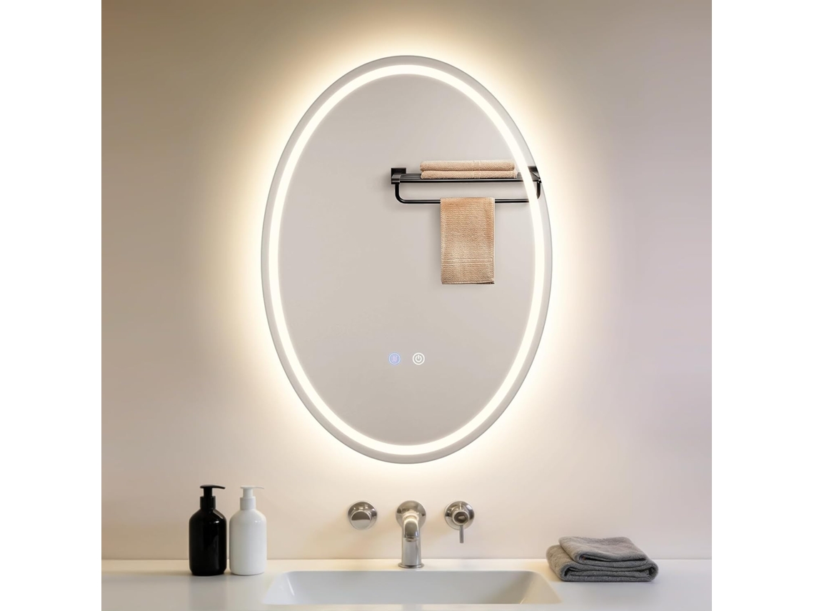 Nettlife Espelho Casa De Banho Oval Led 50 × 70 Cm, Touch, Desembaciador, Regulável 3000-6500k, Ip44, Parede.