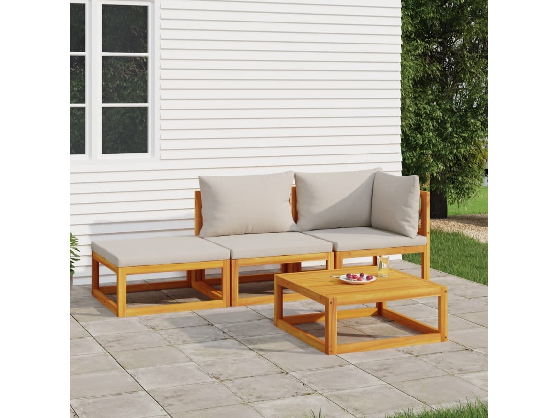 Conjunto 4 Peças Lounge De Jardim Madeira C/ Almofadões Cinza Claro Dkd Home Decor