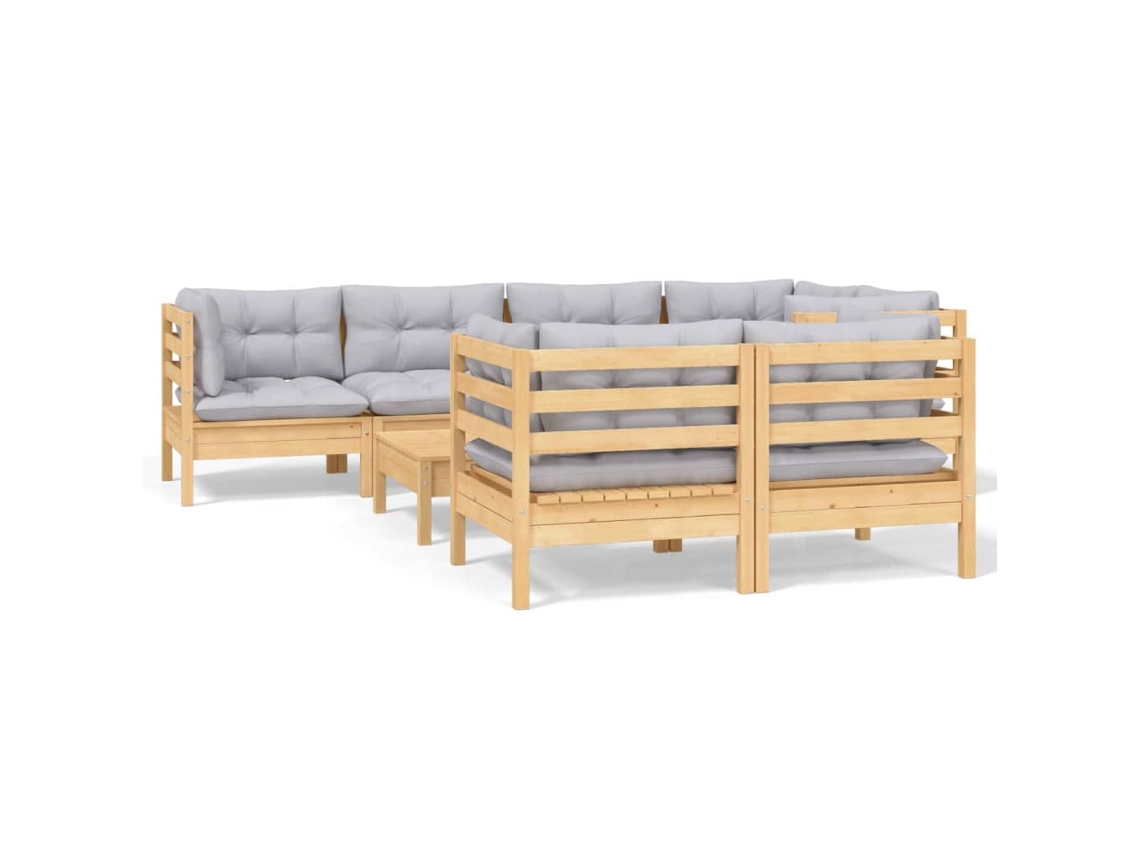 Conjunto de 8 Lounge de Jardim com Almofadões Cinza Pinho Maciço MAISON EXCLUSIVE