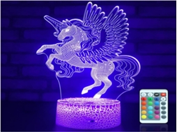 Luminária noturna 3D Lurelia em formato de unicórnio com controle remoto, sensor de toque, brilho ajustável e RGB para quartos infantis e cabeceiras.