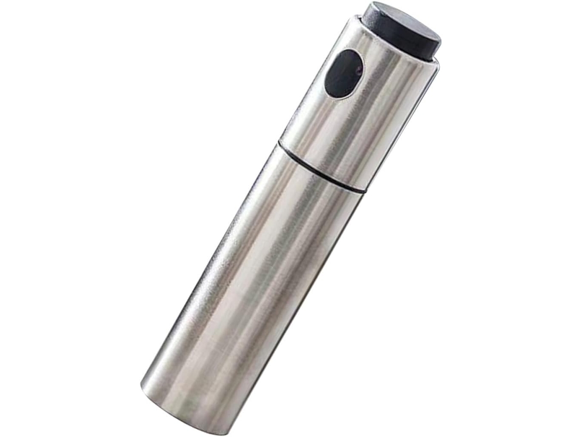 Frasco spray compacto, leve e em aço inoxidável particionado.