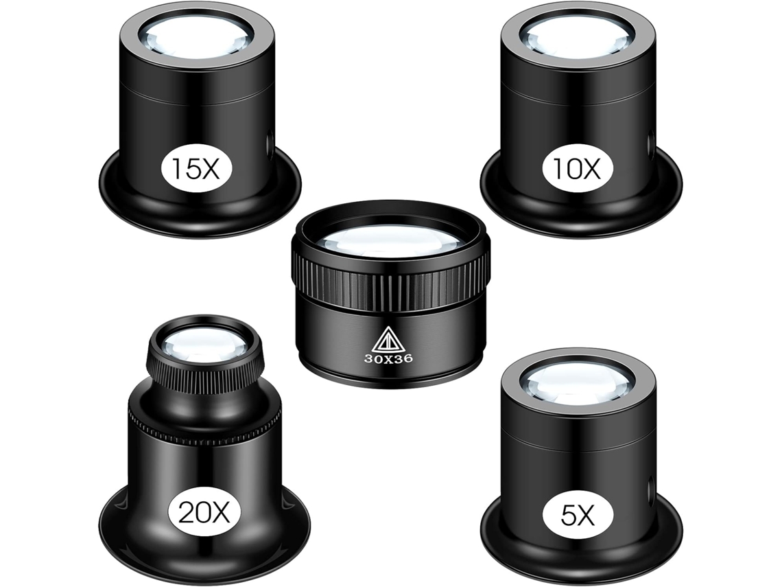 Conjunto de 5 Lupas de Joalheiro 5x 10x 15x 20x para Inspeção de Joias Relógios Moedas e Circuitos IKIKSO (preta)