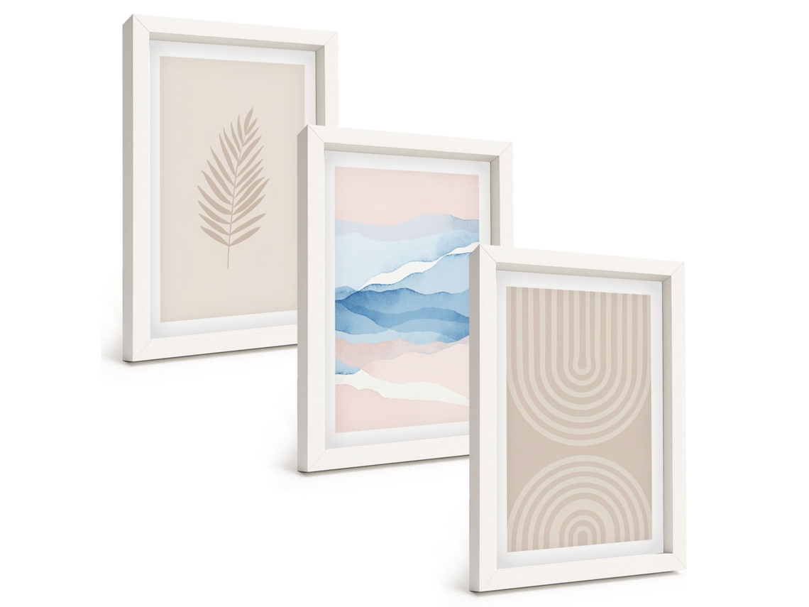 Composição De Quadros Folhas, Ondas, Bege E Azul Espelharte (3 Peças 20x30 Cm)