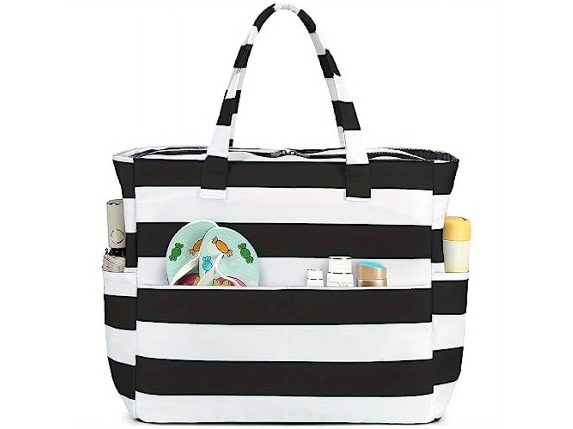 MISSCA Bolsa Tote às Riscas de Senhora Grande Capacidade Preto e Branco