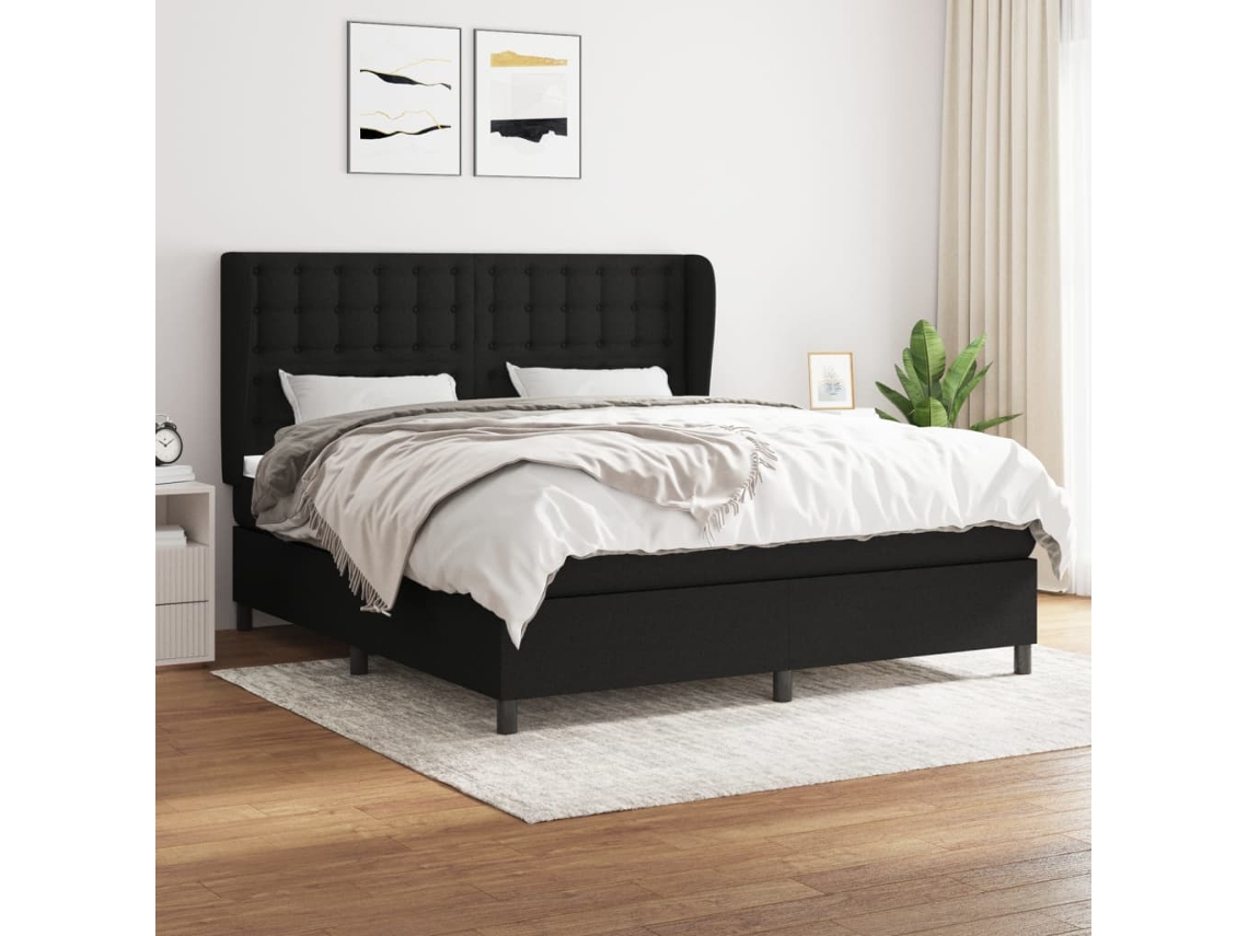 Cama Com Molas/colchão 160x200 Cm Tecido Preto